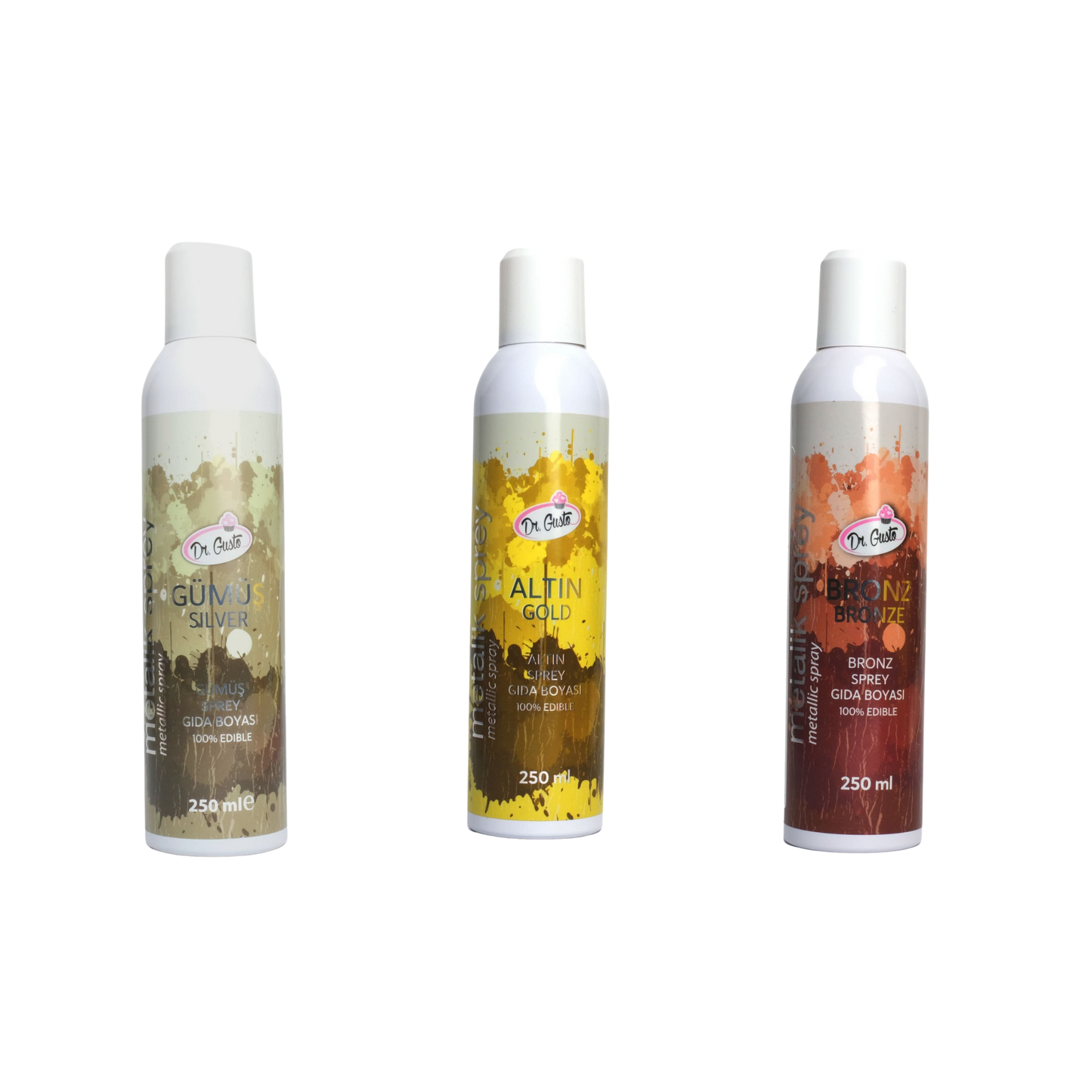 Dr. Gusto Metallic Spray Food Coloring Set (3 Pack of 8.45 fl oz) - Gold - Silver - Bronze