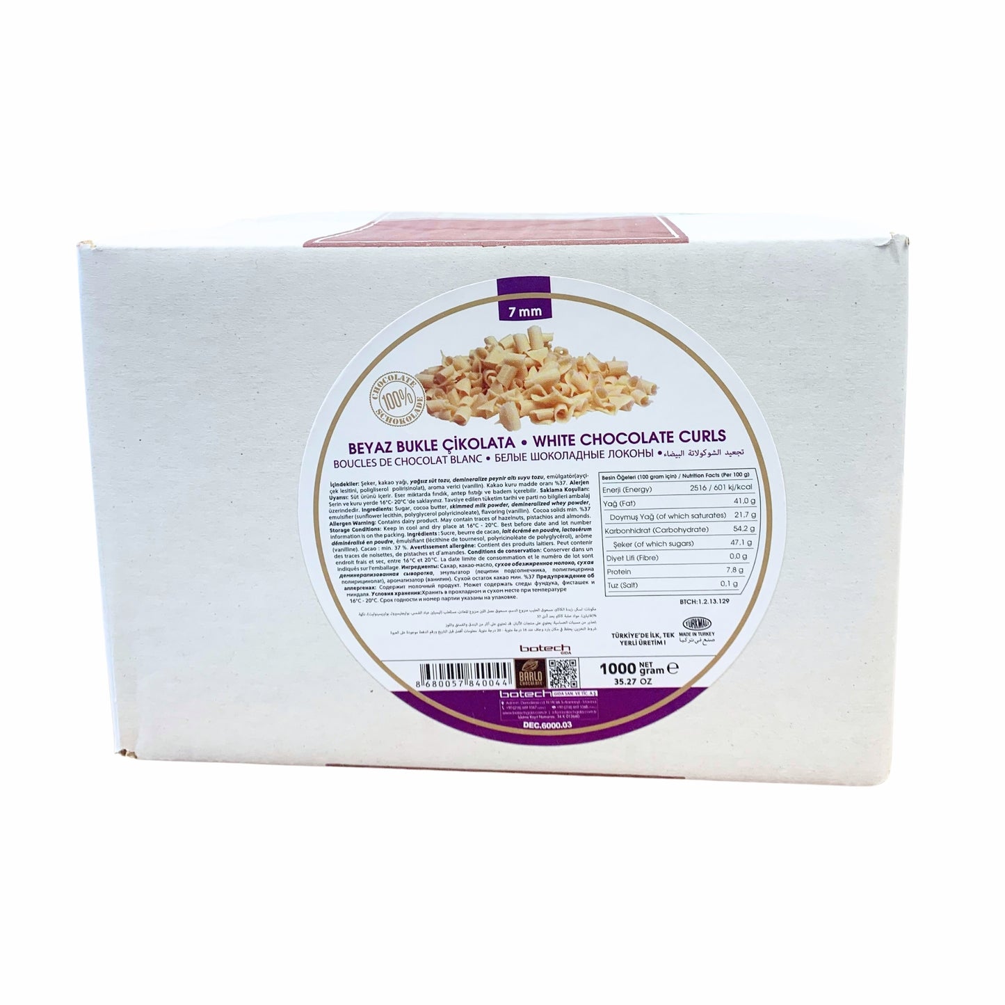 Premium White Chocolate Curls (7mm) for cakes, pastries & desserts — Minimum 37% Cocoa Solids —  2.2 lb.