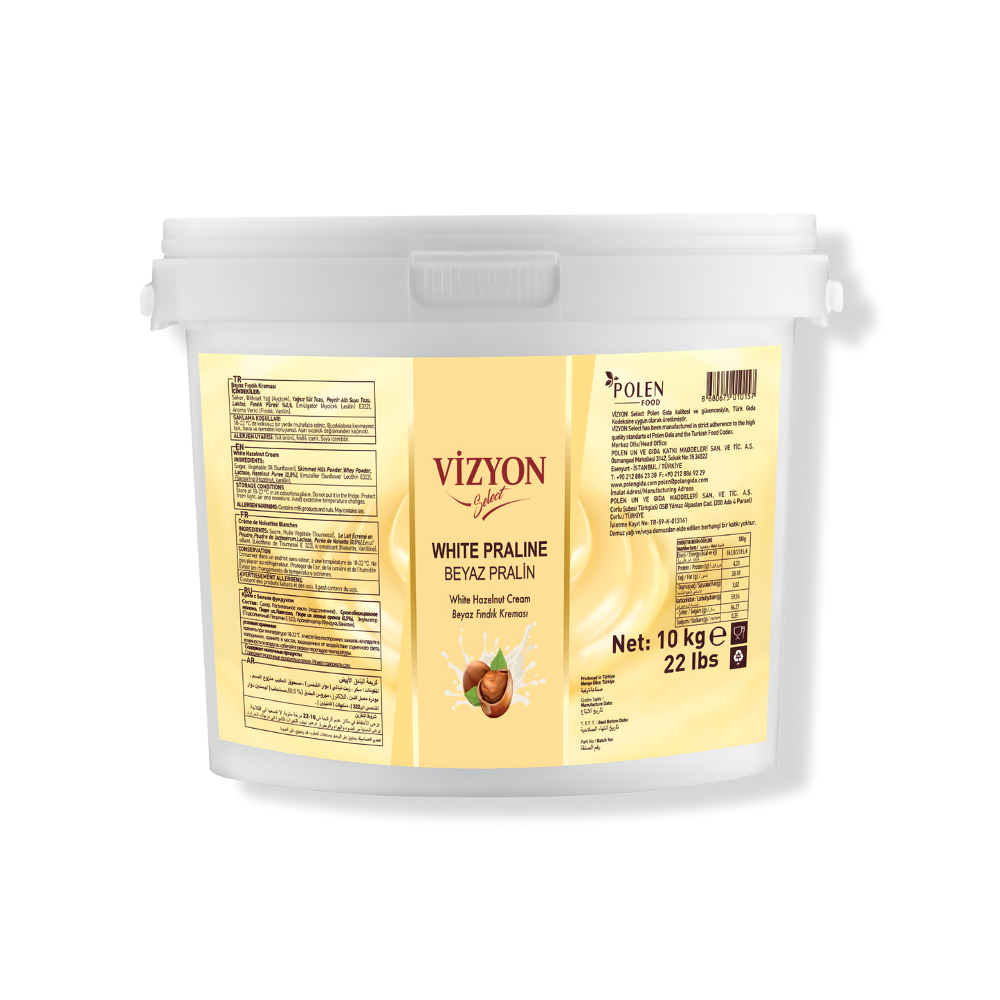 Vizyon Select White Pralin (22 lbs / 10 kg) - White Hazelnut Cream Filling (0.5% Hazelnut Puree)
